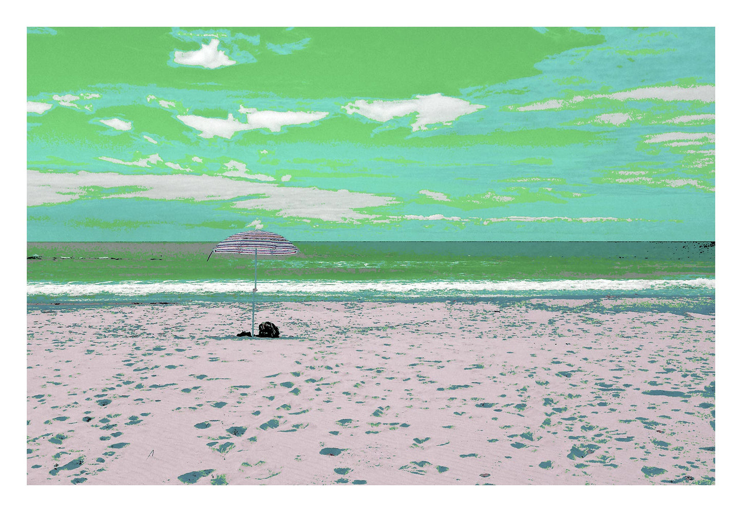 Vivid Country - Scotts Head - Beach - Umbrella - 195076v4 - 104x74cm, Stylised beach scene featuring a single striped umbrella set on pale sand with scattered footprints, facing a calm ocean under a green-tinged sky with soft clouds.