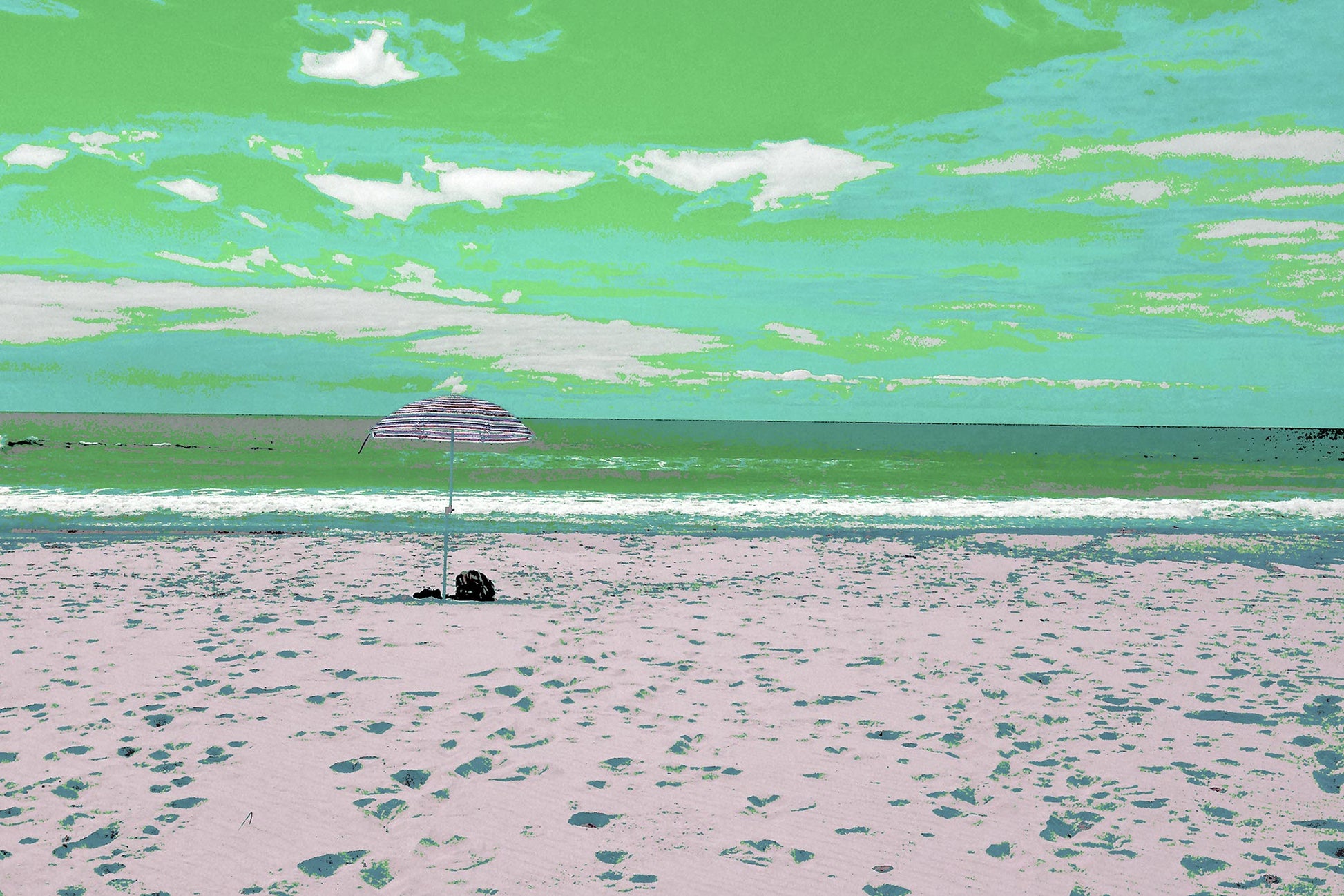 Vivid Country - Scotts Head - Beach - Umbrella - 195076v4 - 90x60cm, Stylised beach scene featuring a single striped umbrella set on pale sand with scattered footprints, facing a calm ocean under a green-tinged sky with soft clouds.