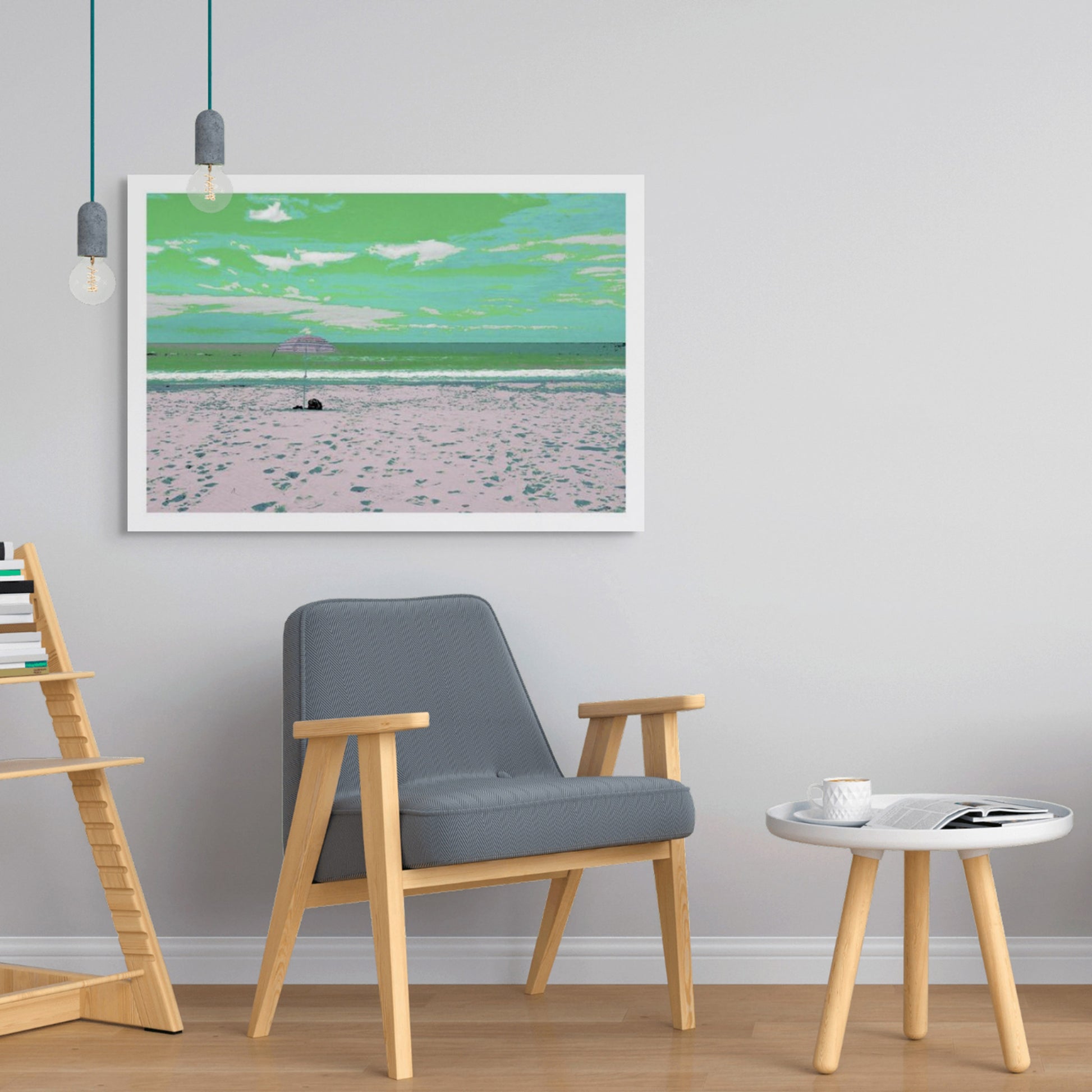 Vivid Country - Scotts Head - Beach - Umbrella - 195076v4 - Room View, Stylised beach scene featuring a single striped umbrella set on pale sand with scattered footprints, facing a calm ocean under a green-tinged sky with soft clouds.