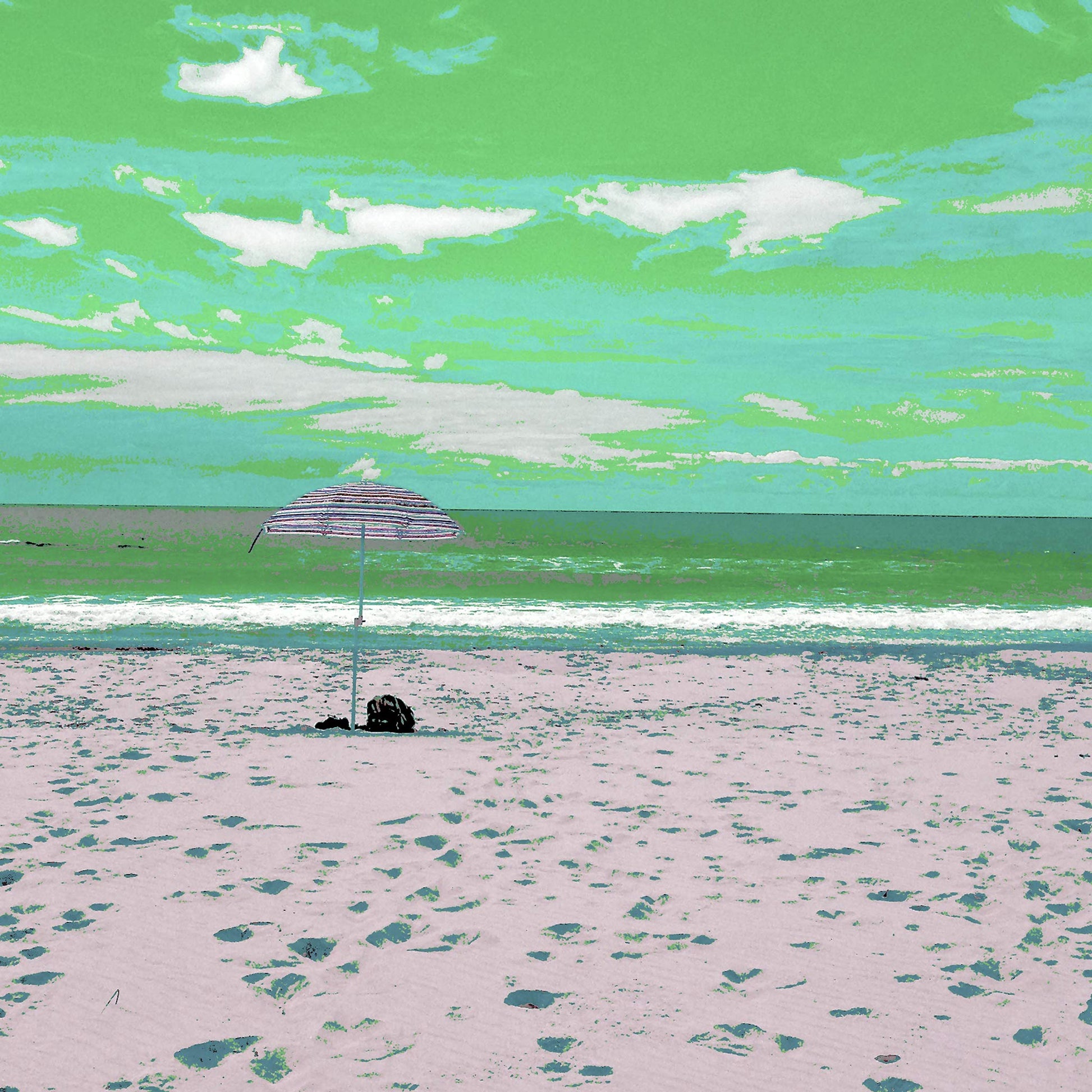 Vivid Country - Scotts Head - Beach - Umbrella - 195076v4 - Close Detail View, Stylised beach scene featuring a single striped umbrella set on pale sand with scattered footprints, facing a calm ocean under a green-tinged sky with soft clouds.