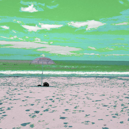 Vivid Country - Scotts Head - Beach - Umbrella - 195076v4 - Close Detail View, Stylised beach scene featuring a single striped umbrella set on pale sand with scattered footprints, facing a calm ocean under a green-tinged sky with soft clouds.