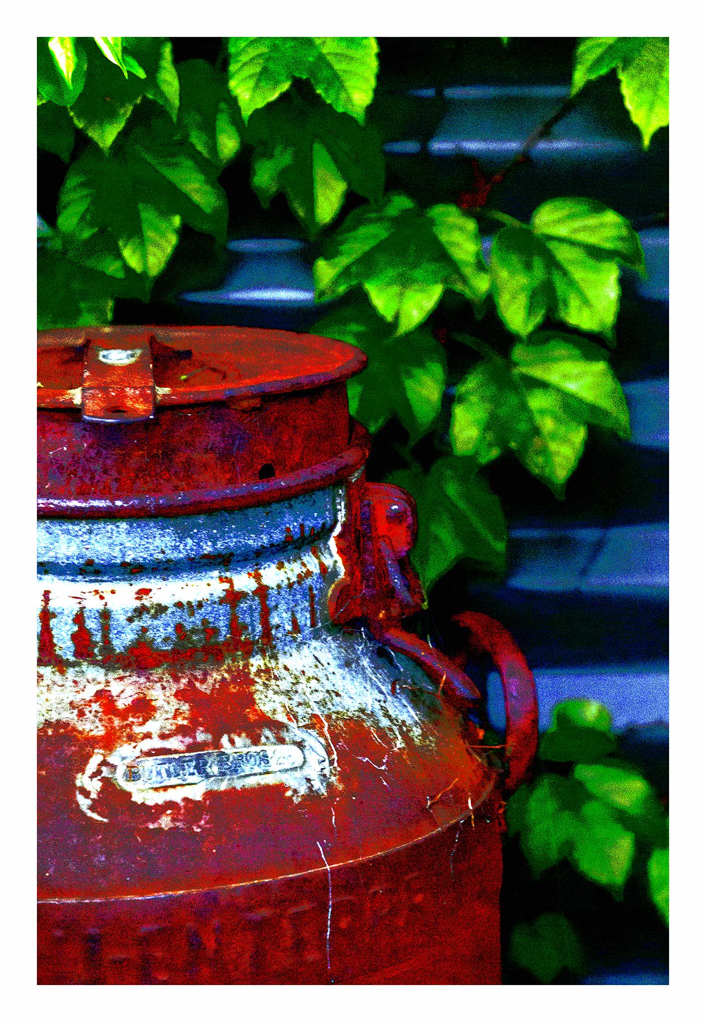 Vivid Country - Tamworth Milk Can - 4765v21 - 74x104cm, a close-up Pop Art style image of a weathered red and silver milk can set against bright green foliage and corrugated metal. Rich with texture, colour contrast, and rural nostalgia.