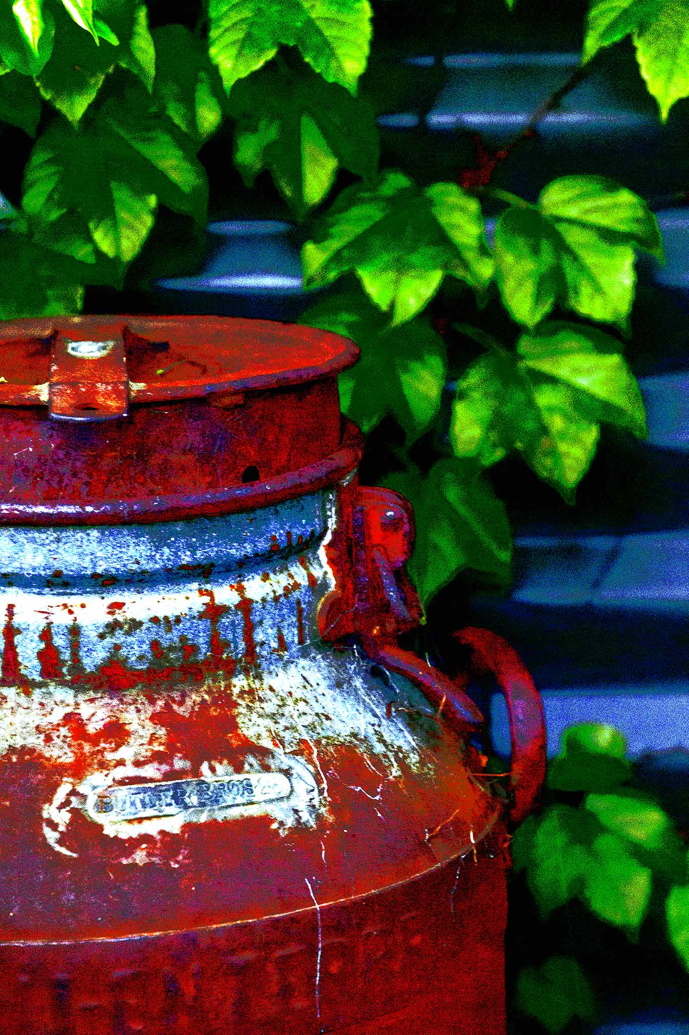 Vivid Country - Tamworth Milk Can - 4765v21 - 60x90cm, a close-up Pop Art style image of a weathered red and silver milk can set against bright green foliage and corrugated metal. Rich with texture, colour contrast, and rural nostalgia.