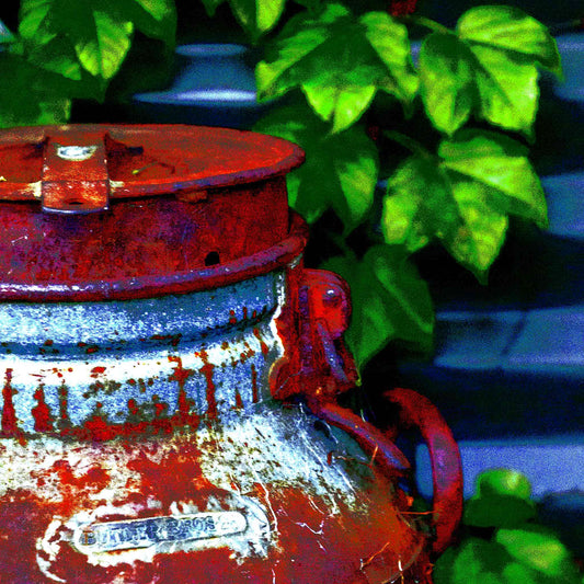 Vivid Country - Tamworth Milk Can - 4765v21 - Close Detail View, a close-up Pop Art style image of a weathered red and silver milk can set against bright green foliage and corrugated metal. Rich with texture, colour contrast, and rural nostalgia.