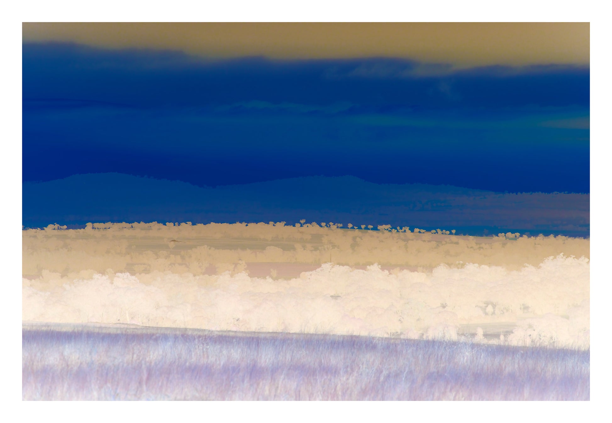 Vivid Country - Tamworth Moore Creek - 2884v6 - 104x74cm, a soft-focus Pop Art landscape in muted pastel and deep indigo tones showing rolling hills and scattered trees near Tamworth. The inverted palette creates a dreamlike, contemplative view of rural Australia.