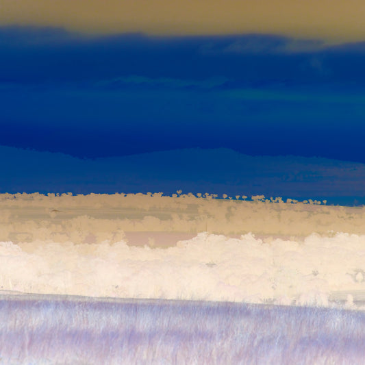 Vivid Country - Tamworth Moore Creek - 2884v6 - Close Detail View, a soft-focus Pop Art landscape in muted pastel and deep indigo tones showing rolling hills and scattered trees near Tamworth. The inverted palette creates a dreamlike, contemplative view of rural Australia.