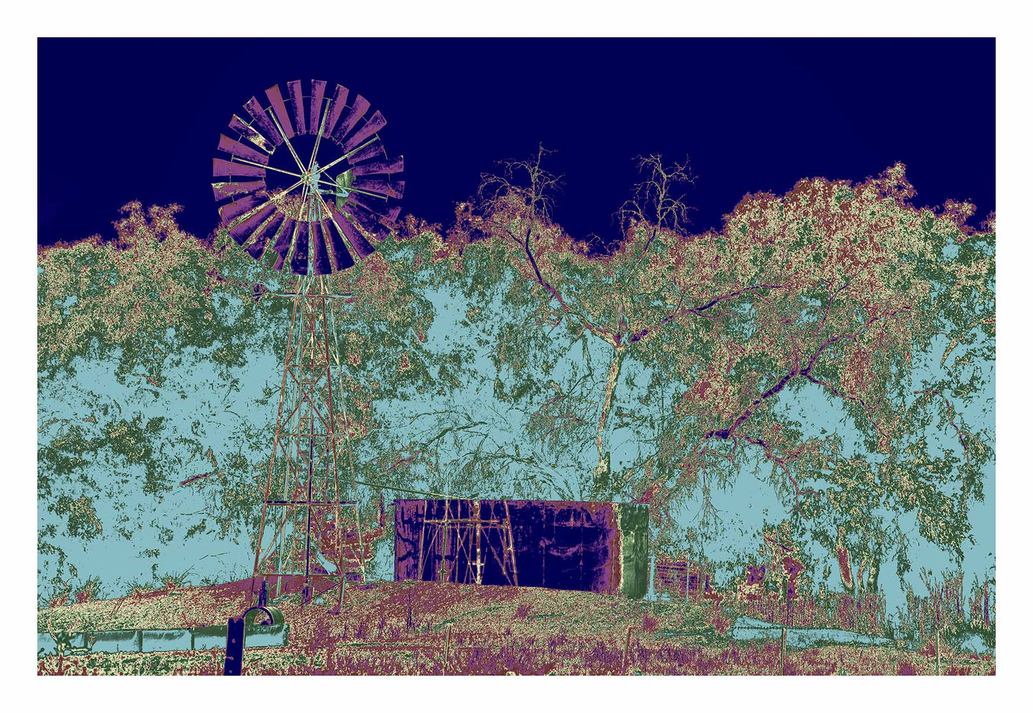 Vivid Country - Tamworth Windmill - 4739v10 - 104x74cm, a tall metal windmill stands beside a large tank under stylised eucalyptus trees, set against a bold Pop Art sky of navy and pastel blue. Earthy purples and greens evoke a transformed rural landscape full of mood and memory.