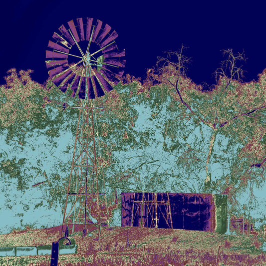 Vivid Country - Tamworth Windmill - 4739v10 - Close Detail View, a tall metal windmill stands beside a large tank under stylised eucalyptus trees, set against a bold Pop Art sky of navy and pastel blue. Earthy purples and greens evoke a transformed rural landscape full of mood and memory.