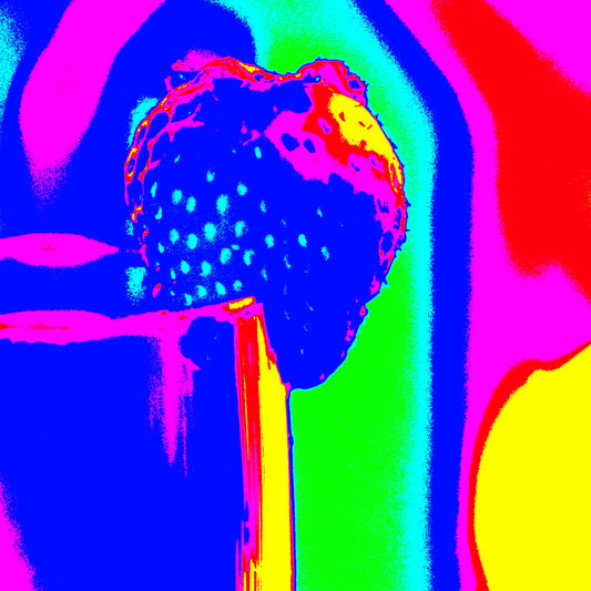 Vivid Country - Trinity Beach - Champagne Strawberry Cheers - 200003v10b - Close Detail View, Pop art-style image of a strawberry on the rim of a champagne glass, rendered in vibrant neon colours including magenta, blue, red, green, and yellow, set against a radiating background of psychedelic stripes.