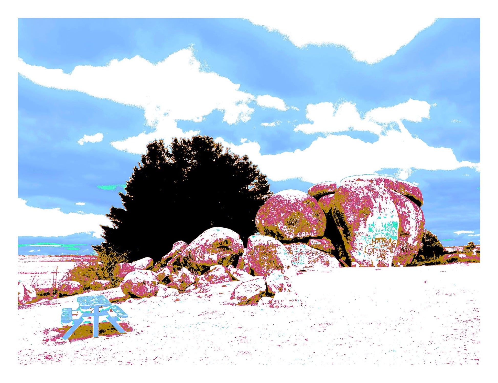 Vivid Country - Uralla Thunderbolts Rock - 4072v78 - 104x81.5cm, a fine art Pop Art style print of Thunderbolts Rock in Uralla, NSW. Large granite boulders in pink, moss green, and white sit under a vivid blue sky with scattered clouds, beside a light blue picnic table on a pale ground plane.