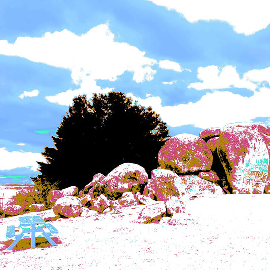 Vivid Country - Uralla Thunderbolts Rock - 4072v78 - Close Detail View, a fine art Pop Art style print of Thunderbolts Rock in Uralla, NSW. Large granite boulders in pink, moss green, and white sit under a vivid blue sky with scattered clouds, beside a light blue picnic table on a pale ground plane.