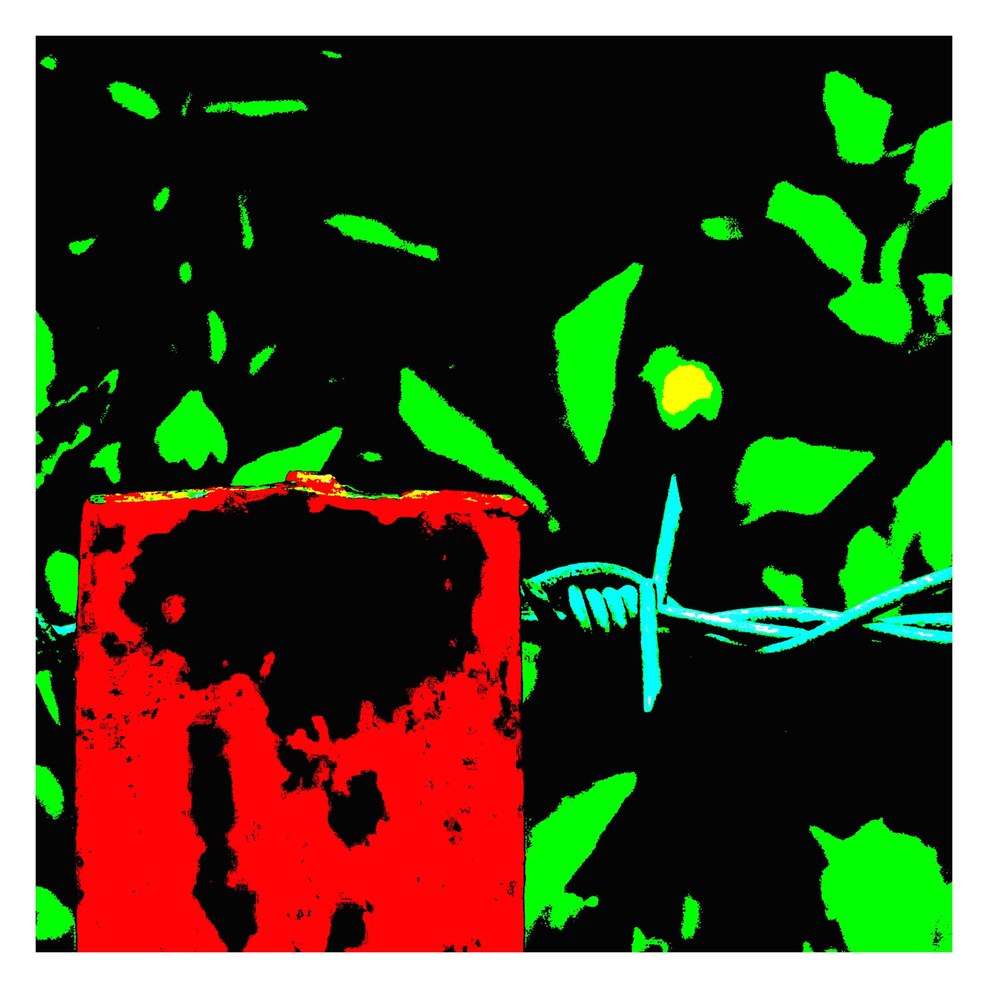 Vivid Country - Urliup Barbed Wire Fence - 5945v8a - 104x104cm, a close-up Pop Art-style fine art print showing a weathered red fence post and barbed wire against a high contrast background of neon green leaves and black shadow. Vivid rural minimalism captured in graphic detail.