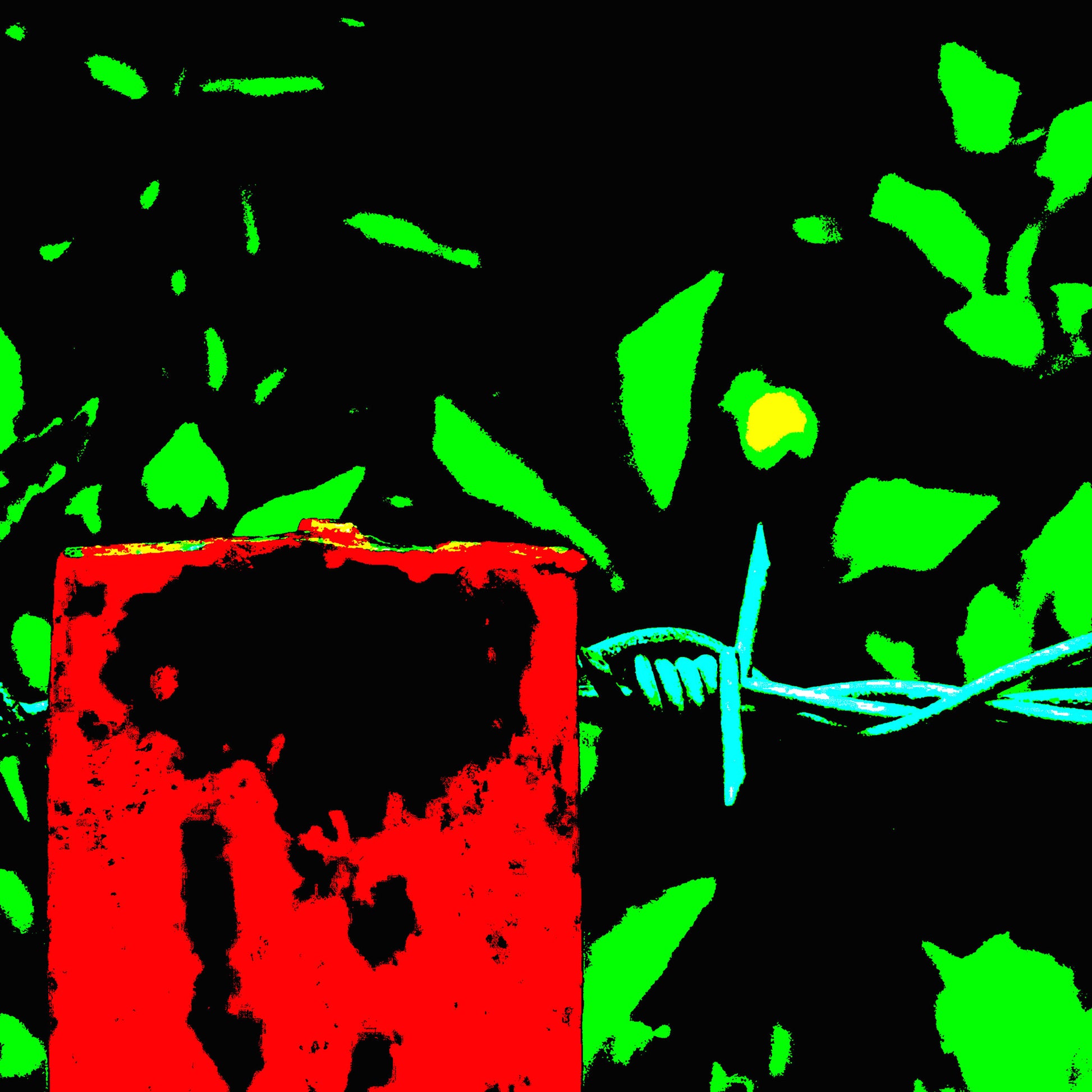 Vivid Country - Urliup Barbed Wire Fence - 5945v8a - 90x90cm, a close-up Pop Art-style fine art print showing a weathered red fence post and barbed wire against a high contrast background of neon green leaves and black shadow. Vivid rural minimalism captured in graphic detail.