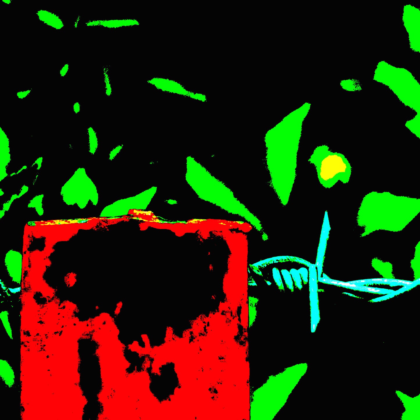 Vivid Country - Urliup Barbed Wire Fence - 5945v8a - Close Detail View, a close-up Pop Art-style fine art print showing a weathered red fence post and barbed wire against a high contrast background of neon green leaves and black shadow. Vivid rural minimalism captured in graphic detail.