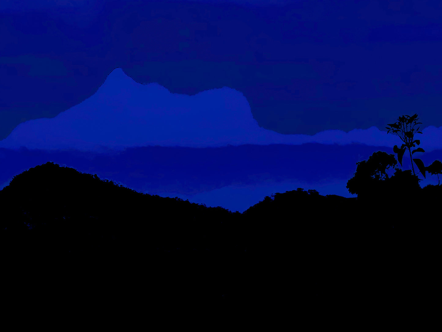 Vivid Country - Wollumbin View from Urliup - 5569 - 90x67.5cm, a bold Pop Art-style fine art print in rich blue tonal bands featuring the silhouetted form of Wollumbin (Mount Warning) seen from Urliup. Layered landscape ridges and tropical foliage frame the sacred peak at dawn, evoking stillness, reverence, and memory.