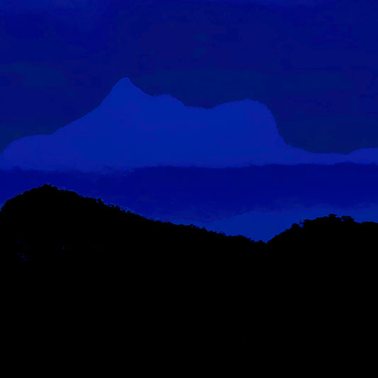 Vivid Country - Wollumbin View from Urliup - 5569 - Close Detail View, a bold Pop Art-style fine art print in rich blue tonal bands featuring the silhouetted form of Wollumbin (Mount Warning) seen from Urliup. Layered landscape ridges and tropical foliage frame the sacred peak at dawn, evoking stillness, reverence, and memory.