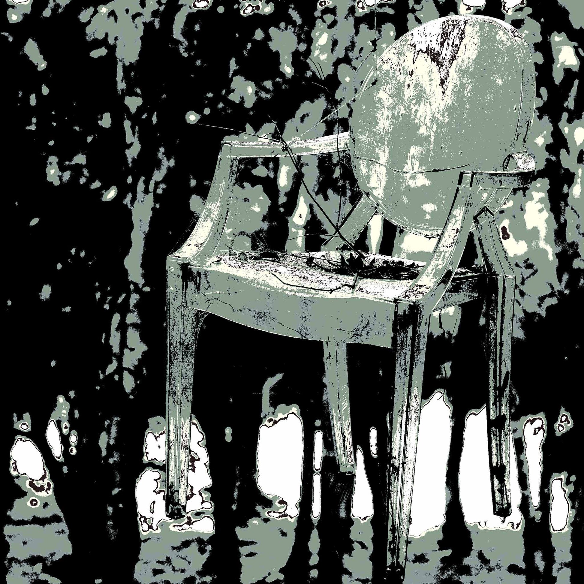 Vivid Country - Woolgoolga - Ghost Chair - 205114v28b - Close Detail View, Stylised artwork of a weathered armchair seemingly suspended in mid-air among a dense, high-contrast forest in Woolgoolga, rendered in haunting tones of grey, black, and pale green.