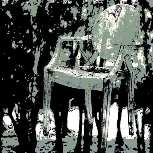Vivid Country - Woolgoolga - Ghost Chair - 205114v28b - Close Detail View, Stylised artwork of a weathered armchair seemingly suspended in mid-air among a dense, high-contrast forest in Woolgoolga, rendered in haunting tones of grey, black, and pale green.