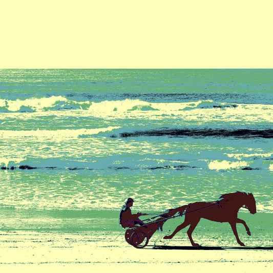 Vivid Country - Wooyung - Beach Trotter - 197026-8v1 - Close Detail View, Silhouetted horse and rider in a sulky cart trotting along Wooyung Beach, with stylised waves and sky rendered in bold posterised tones of green, blue, and lemon yellow.
