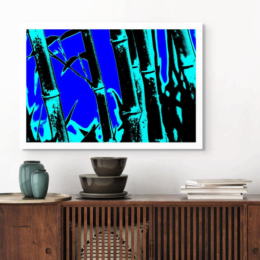 Xtra POP Set - Bamboo - 20061221-27v2 - Room View, Stylised bamboo artwork featuring cyan bamboo stalks over a vibrant blue background; minimalist Pop Art treatment with high-contrast tones and cool graphic energy.