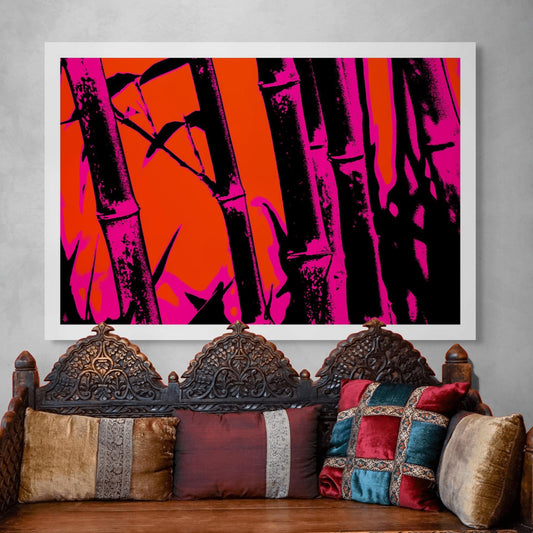 Xtra POP Set - Bamboo - 20061221-27v8 - Room View, Bamboo silhouette artwork in hot pink and red with deep black accents; high-contrast Pop Art style inspired by vintage poster design and graphic minimalism.