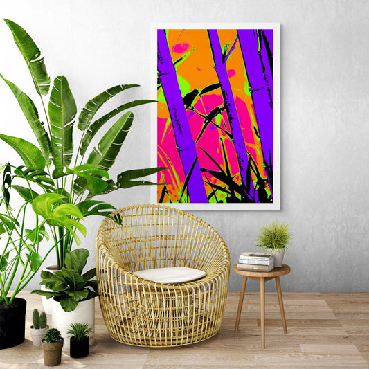 Xtra POP Set - Bamboo - 20070104-102v2 - Room View, Stylised bamboo image with violet stalks, pink and orange background, green highlights, and black silhouetted birds; bold Pop Art remix with psychedelic tones and graphic impact.