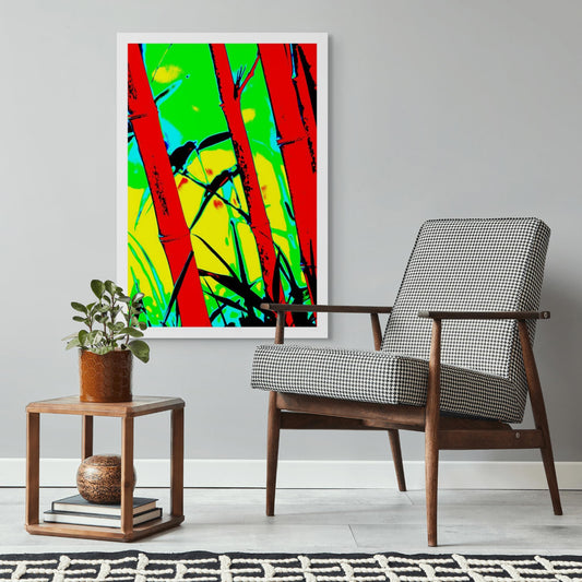 Xtra POP Set - Bamboo - 20070104-102v3 - Room View, Stylised bamboo scene with intense red stalks, vibrant yellow-green background, and two silhouetted birds; bold Pop Art reinterpretation with graphic clarity and high visual impact.