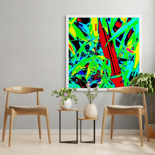 Xtra POP Set - Bamboo - 36904830v4 - Room View, Bamboo artwork in vivid Pop Art style with red stalk, neon green foliage, and cyan-yellow accents; high-contrast digital remix of a tropical scene.