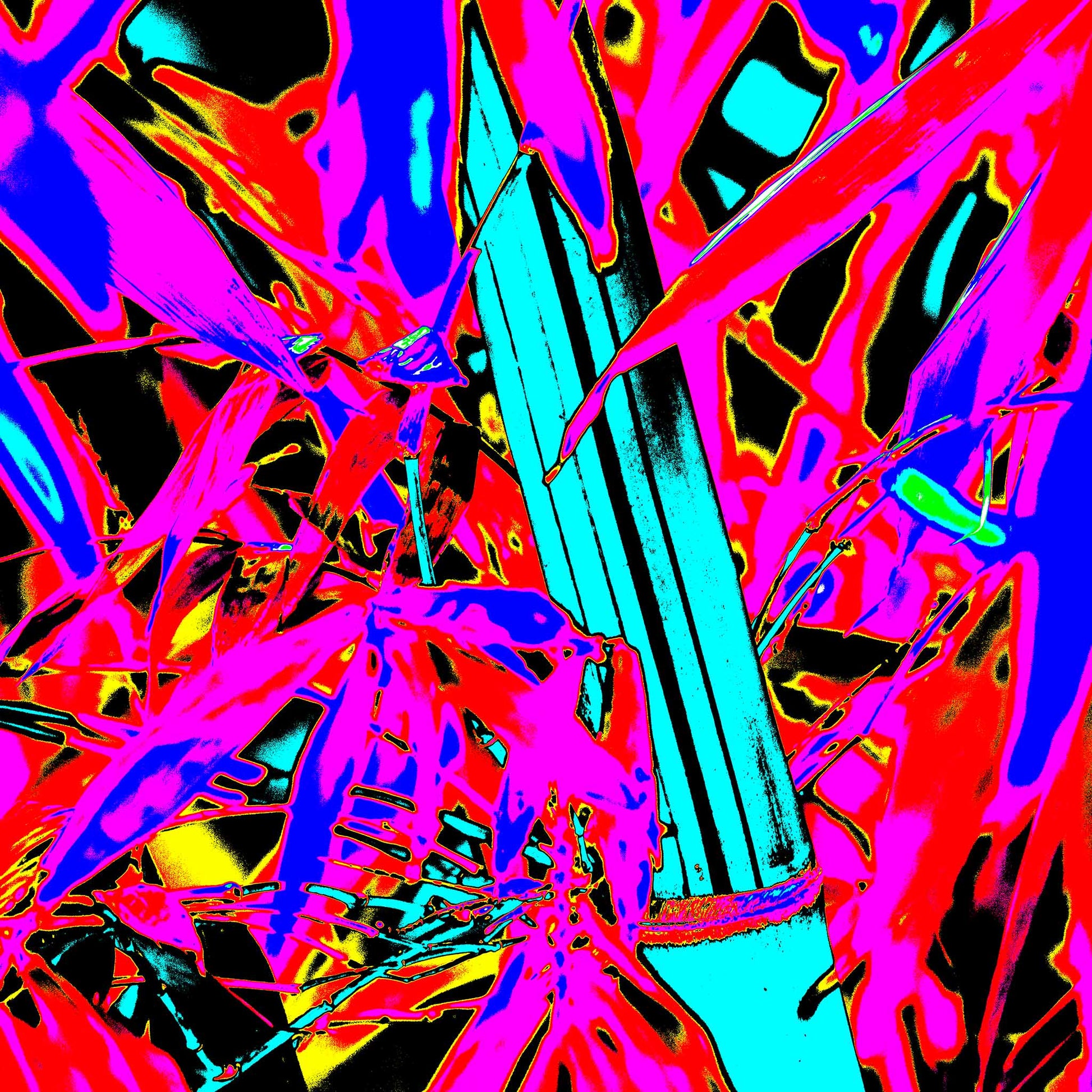 Xtra POP Set - Bamboo - 36904830v5 - 90x90cm, Neon-toned bamboo artwork featuring turquoise stalk and fuchsia-red foliage with bold blue and black accents; graphic Pop Art transformation of a natural jungle scene.