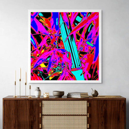 Xtra POP Set - Bamboo - 36904830v5 - Room View, Neon-toned bamboo artwork featuring turquoise stalk and fuchsia-red foliage with bold blue and black accents; graphic Pop Art transformation of a natural jungle scene.