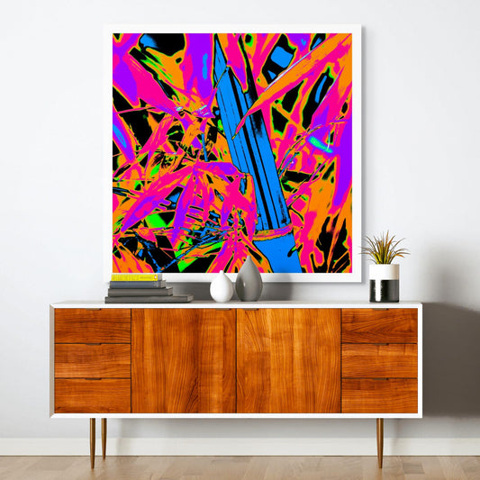 Xtra POP Set - Bamboo - 36904830v6 - Room View, Pop Art bamboo with vivid electric blue stalk, hot pink foliage, and fiery orange-green background; a high-contrast abstract composition bursting with neon intensity.