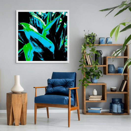 Xtra POP Set - Bird of Paradise - 185937v13 - Room View, Striking cyan and green tropical leaves in bold silhouette against deep black, rendered in high-impact Pop Art style.