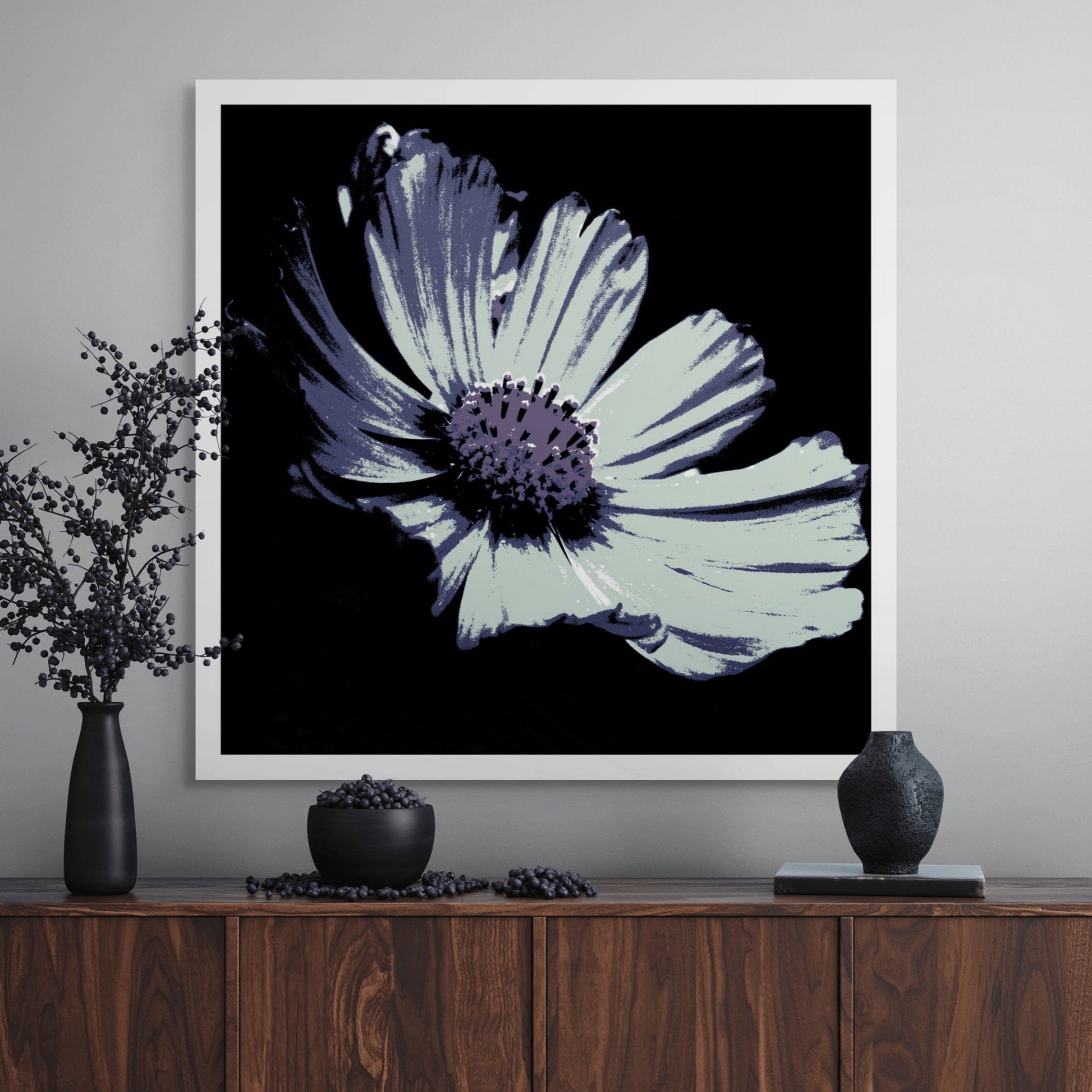 Xtra POP Set - Echinacea Flower - 990319v13 - Room View, A mint-toned pop art-style flower with indigo shading and a violet centre, set against a black background. Cool and moody aesthetic. Limited edition fine art print.