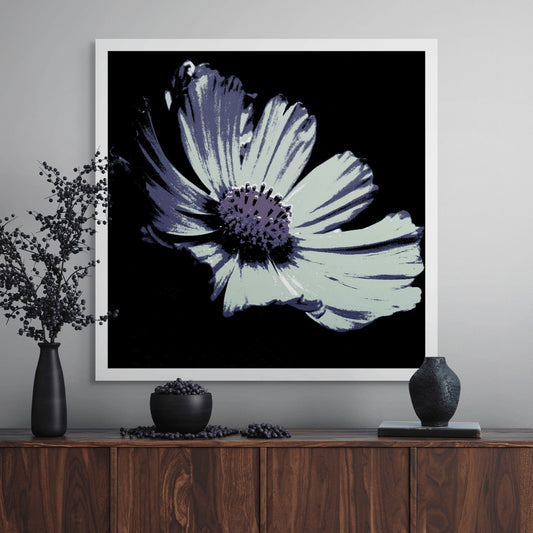 Xtra POP Set - Echinacea Flower - 990319v13 - Room View, A mint-toned pop art-style flower with indigo shading and a violet centre, set against a black background. Cool and moody aesthetic. Limited edition fine art print.
