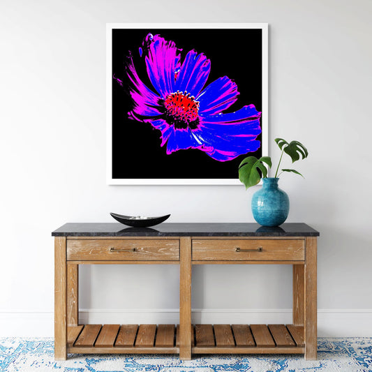 Xtra POP Set - Echinacea Flower - 990319v6 - Room View, A bold pop art-style image of a single echinacea flower with neon pink and electric blue petals, red centre, and black background. Graphic and vibrant. Limited edition fine art print.