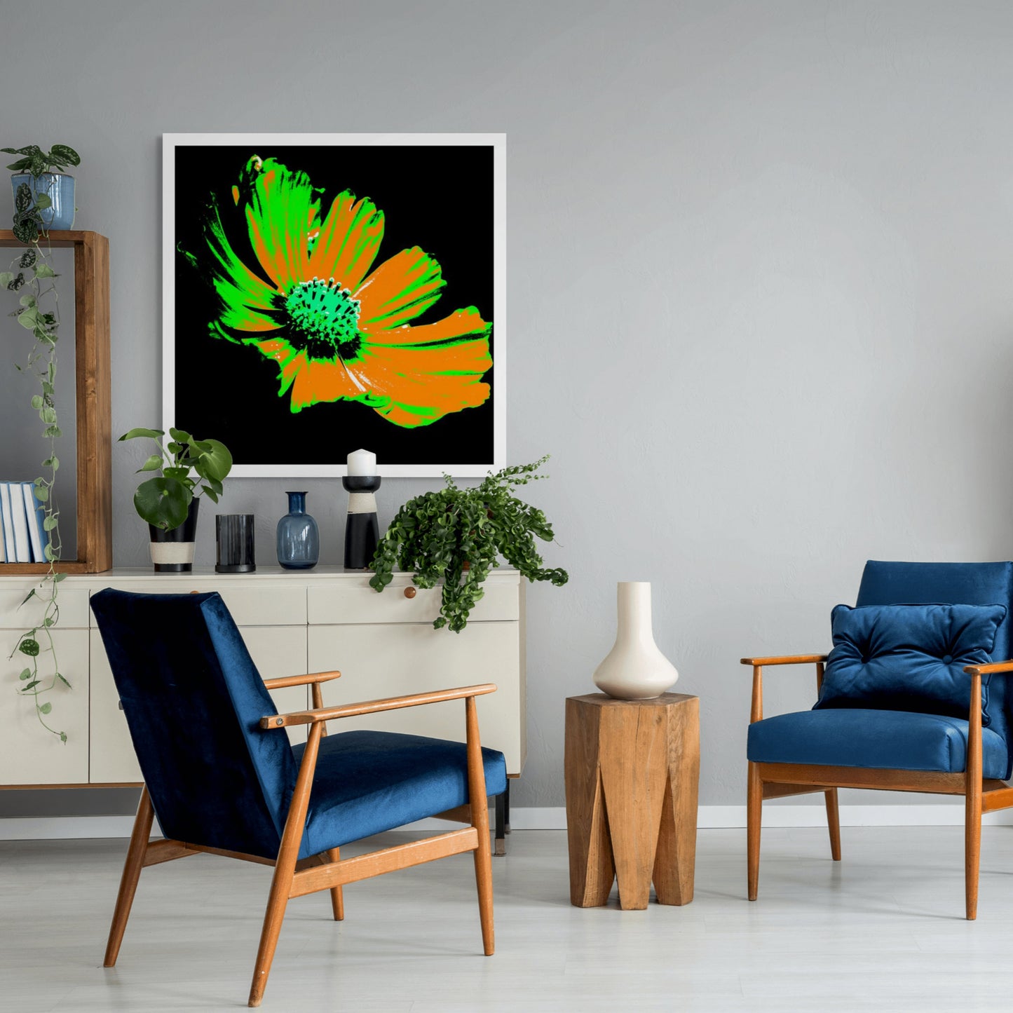 Xtra POP Set - Echinacea Flower - 990319v9 - Room View, A vibrant pop art-style flower with orange petals, green highlights, and a turquoise centre, set against a stark black background. Graphic and intense. Limited edition fine art print.