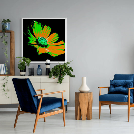 Xtra POP Set - Echinacea Flower - 990319v9 - Room View, A vibrant pop art-style flower with orange petals, green highlights, and a turquoise centre, set against a stark black background. Graphic and intense. Limited edition fine art print.