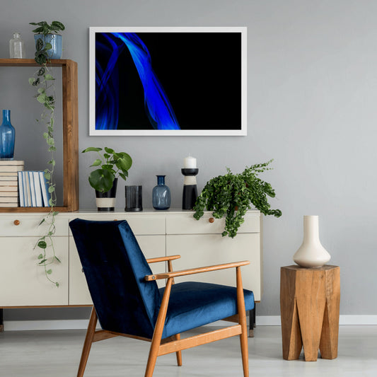 Xtra POP Set - Fabric Flow - Blue - 1936900122v27 - Room View, Abstract blue sheer fabric in motion on a black background. Minimalist and luminous. Limited edition fine art print.