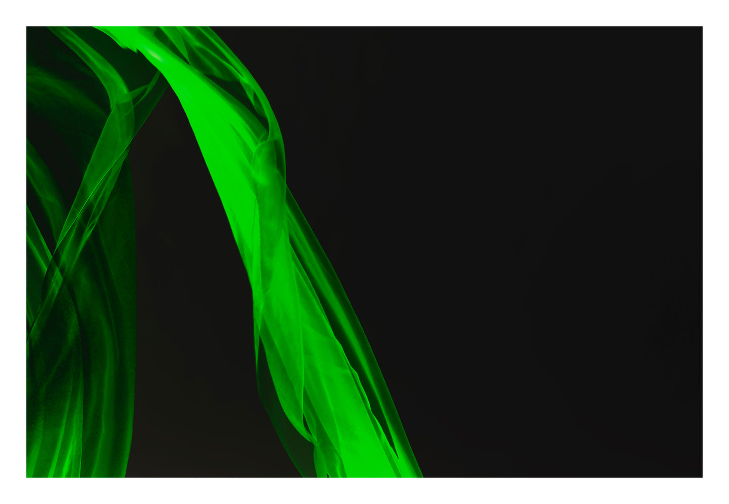 Xtra POP Set - Fabric Flow - Green - 1936900122v29 - 104x74cm, Abstract green sheer fabric in motion on black background. Minimalist, glowing form. Limited edition fine art print.