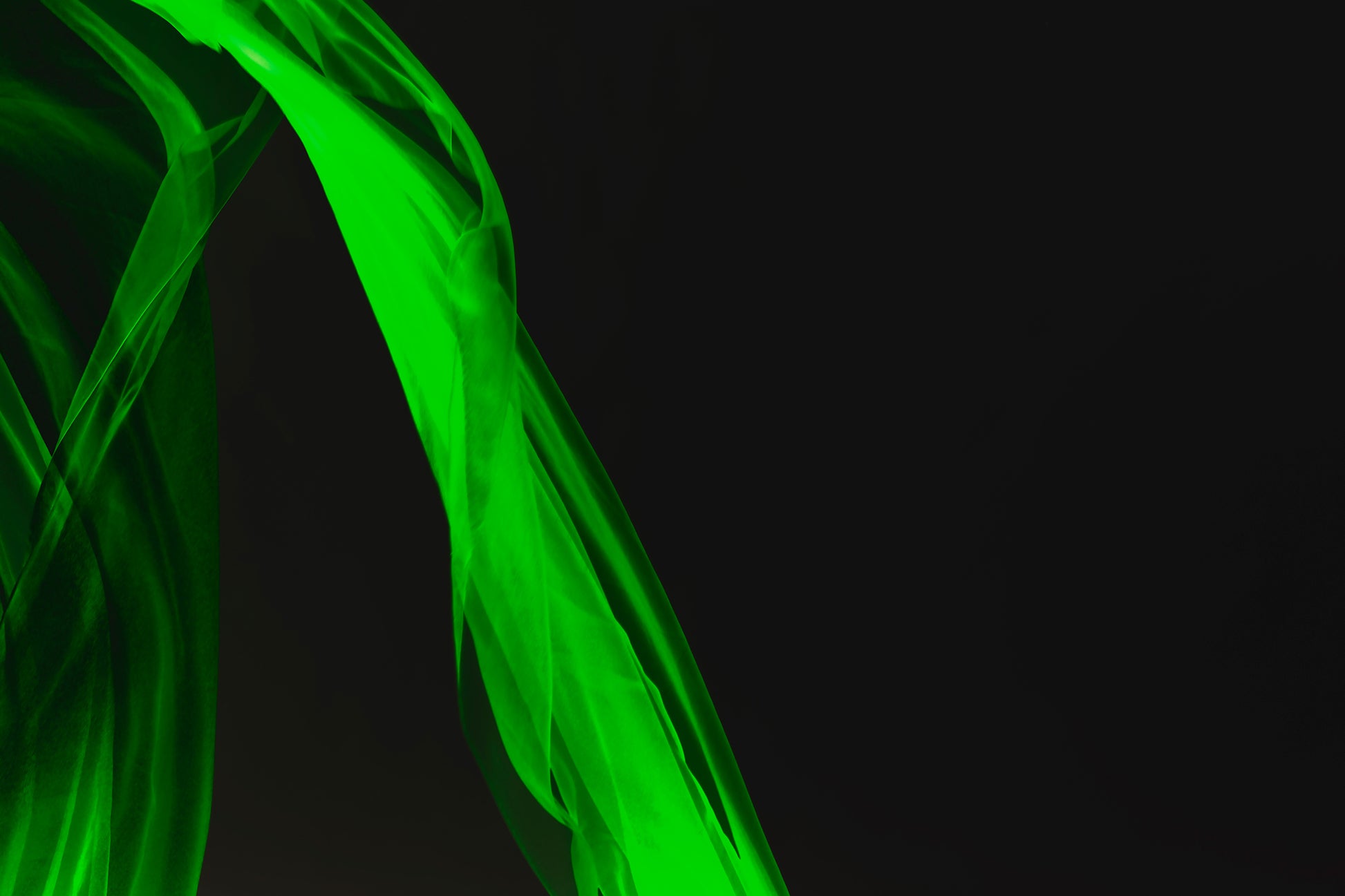 Xtra POP Set - Fabric Flow - Green - 1936900122v29 - 90x60cm, Abstract green sheer fabric in motion on black background. Minimalist, glowing form. Limited edition fine art print.