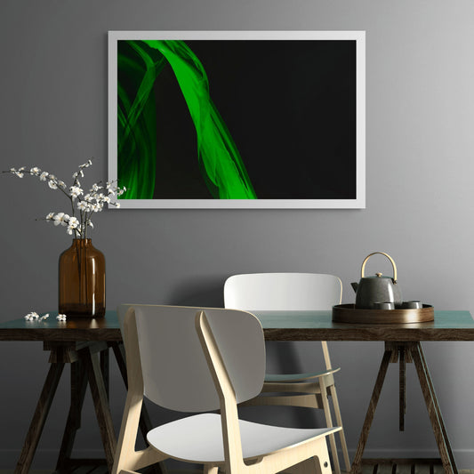 Xtra POP Set - Fabric Flow - Green - 1936900122v29 - Room View, Abstract green sheer fabric in motion on black background. Minimalist, glowing form. Limited edition fine art print.