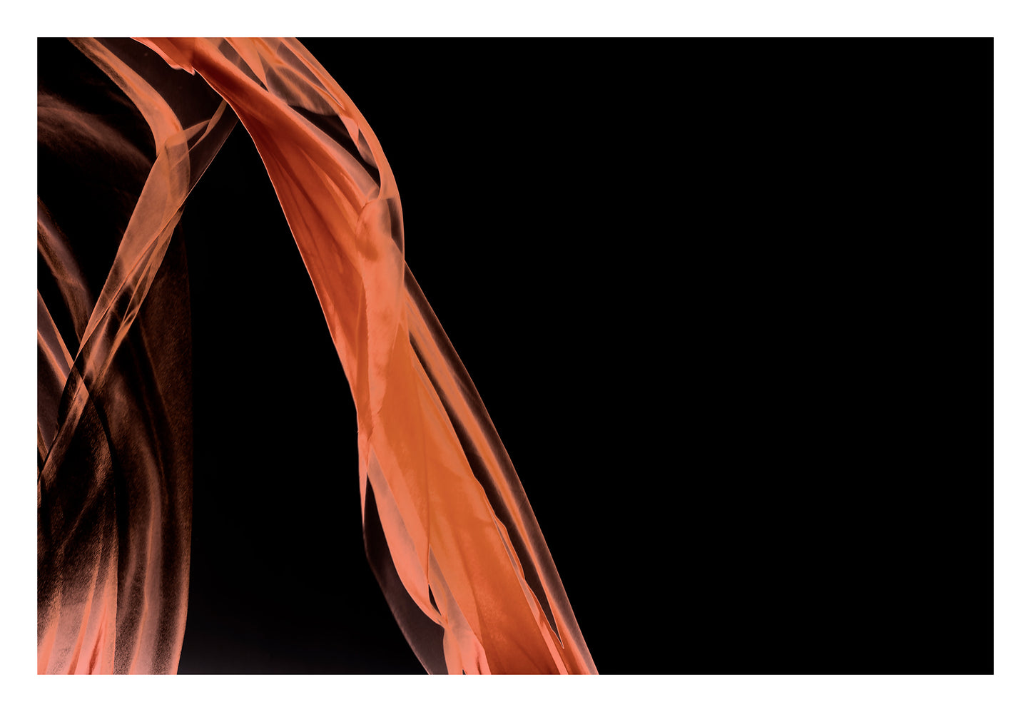 Xtra POP Set - Fabric Flow - Orange - 1936900122v54 - 104x74cm, Abstract orange sheer fabric flowing through black background. Minimalist light play. Limited edition fine art print.