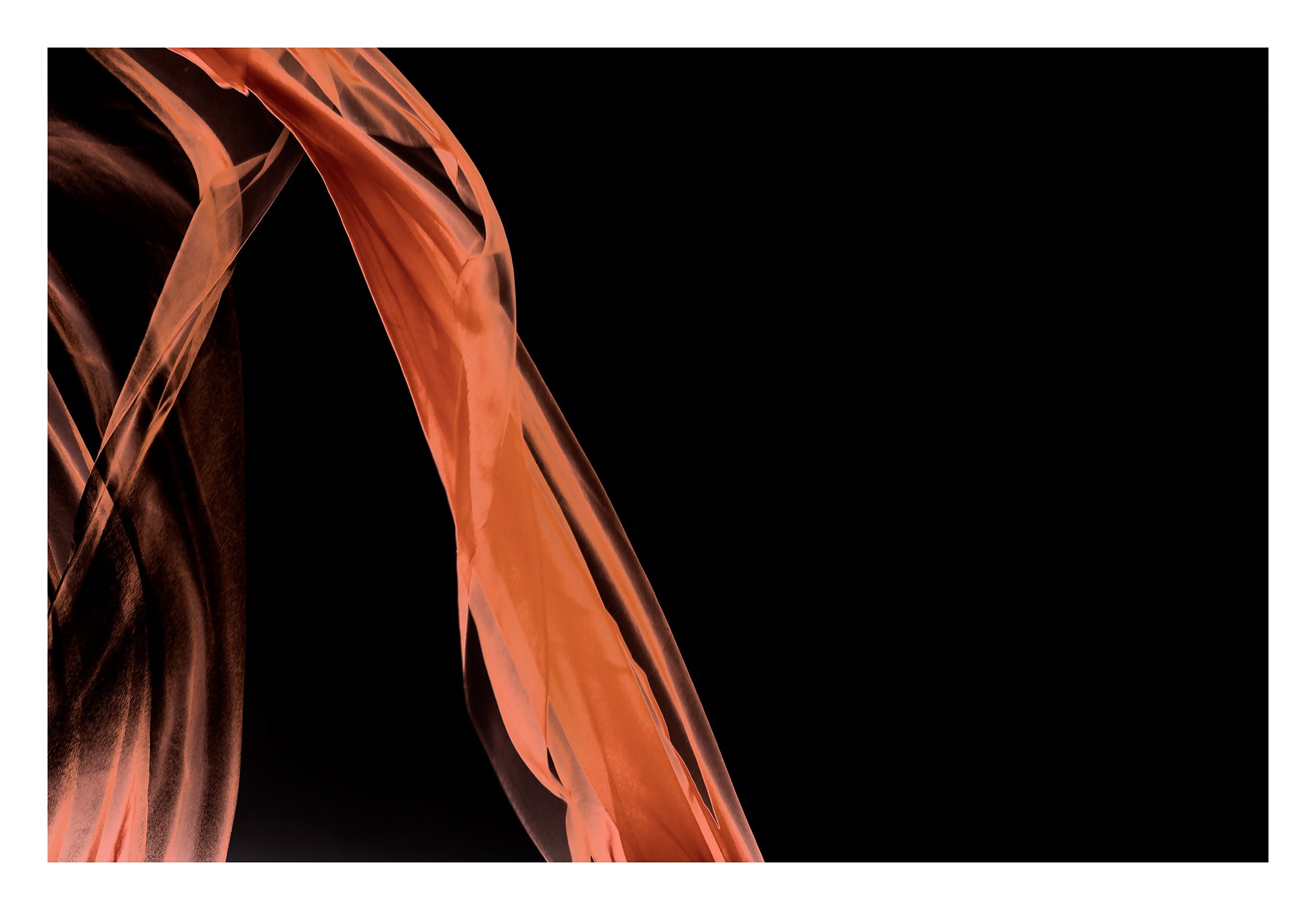 Xtra POP Set - Fabric Flow - Orange - 1936900122v54 - 104x74cm, Abstract orange sheer fabric flowing through black background. Minimalist light play. Limited edition fine art print.