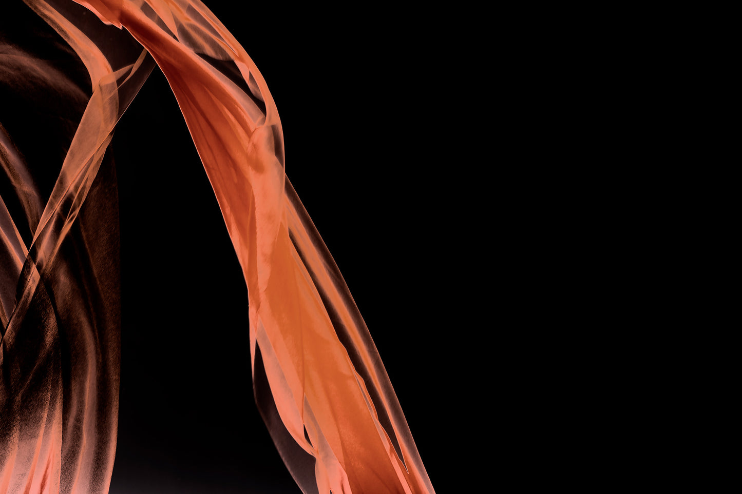 Xtra POP Set - Fabric Flow - Orange - 1936900122v54 - 90x60cm, Abstract orange sheer fabric flowing through black background. Minimalist light play. Limited edition fine art print.