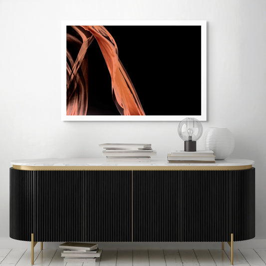 Xtra POP Set - Fabric Flow - Orange - 1936900122v54 - Room View, Abstract orange sheer fabric flowing through black background. Minimalist light play. Limited edition fine art print.