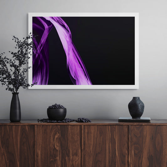 Xtra POP Set - Fabric Flow - Purple - 1936900122v40 - Room View, Abstract purple sheer fabric curves across black background. Fluid motion and minimal elegance. Limited edition fine art print.