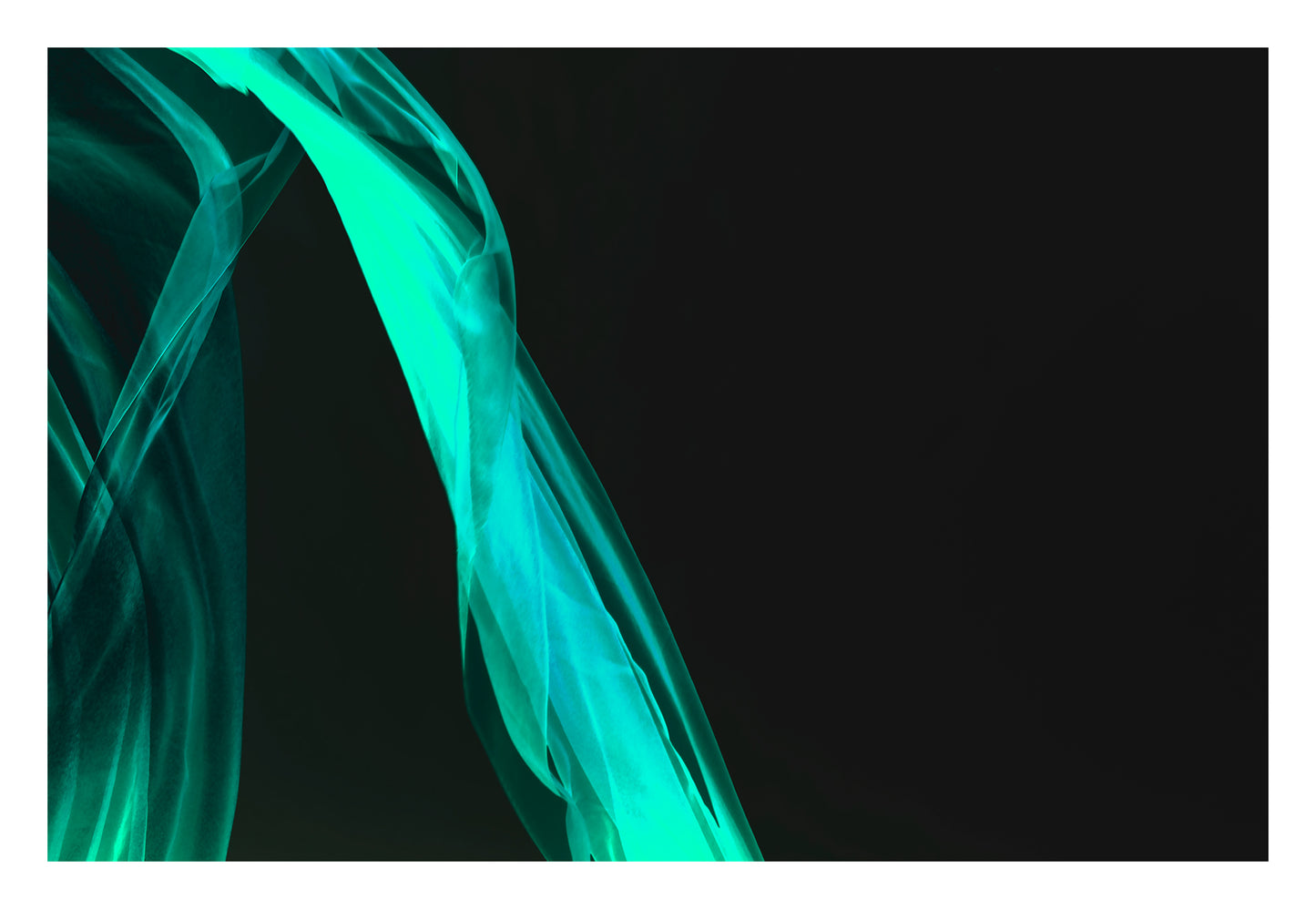 Xtra POP Set - Fabric Flow - Teal - 1936900122v30 - 104x74cm, Flowing teal fabric curves over a black background. Abstract, airy composition in this limited edition fine art print.