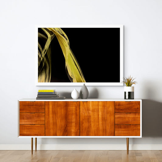 Xtra POP Set - Fabric Flow - Yellow - 1936900122v56 - Room View, Flowing yellow fabric sweeps across a black background in this limited edition fine art print.