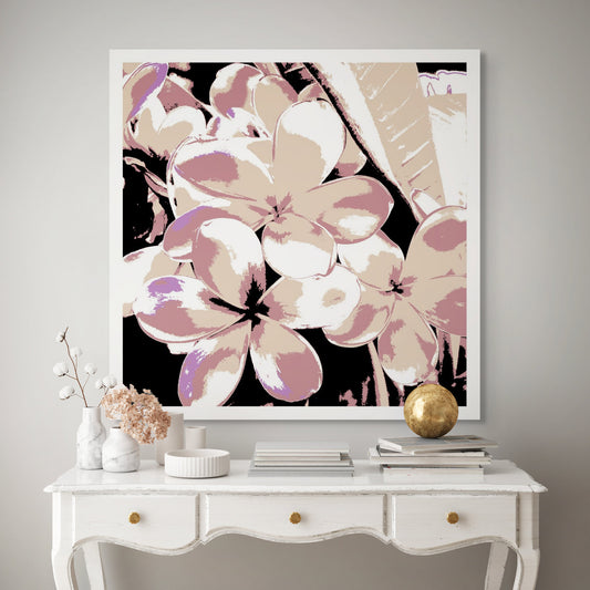 Xtra POP Set - Frangipani Cluster - 185892v27 - Room View, Delicate stylised frangipani cluster in soft blush, ivory, and lilac tones, evoking vintage botanical charm with a refined Pop Art aesthetic.