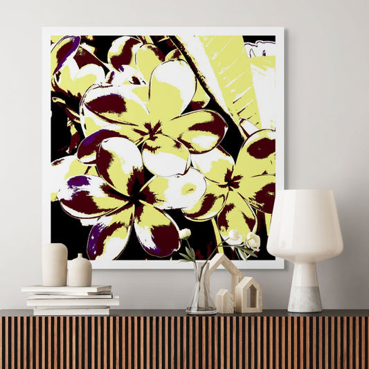Xtra POP Set - Frangipani Cluster - 185892v28 - Room View, Frangipani petals in lemon yellow and burgundy with high-contrast shadows, giving a retro Pop Art flair to a tropical floral scene.